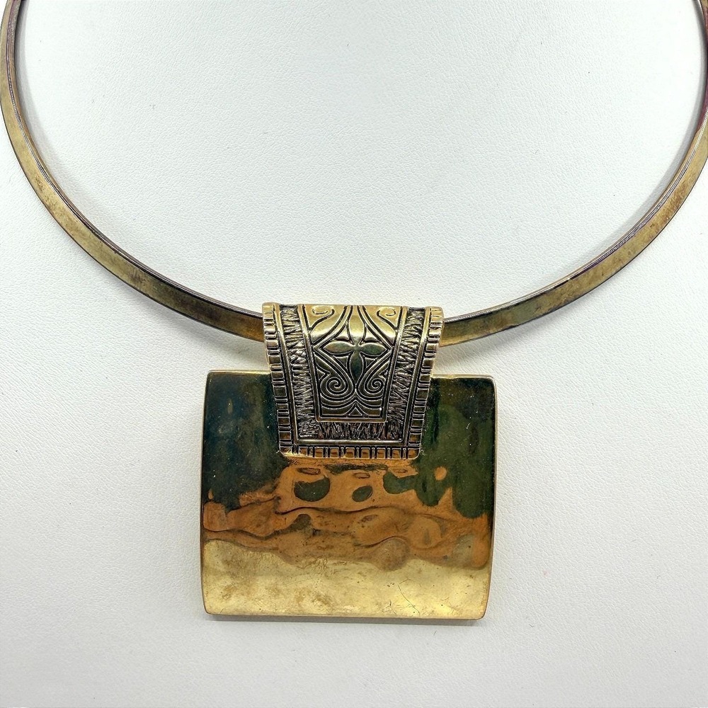 Vintage Two Tone Hammered Square‎ Pendant Collar Necklace Etched Boho Statement